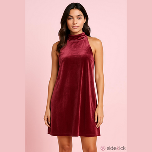 New WHBM Red Velvet Mock Neck Halter Knee Length Dress 6